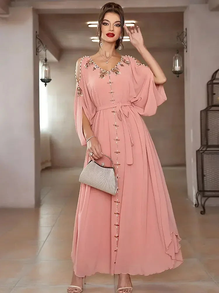 Off Shoulder Pink Diamond Beads Abaya - Palm and Thread