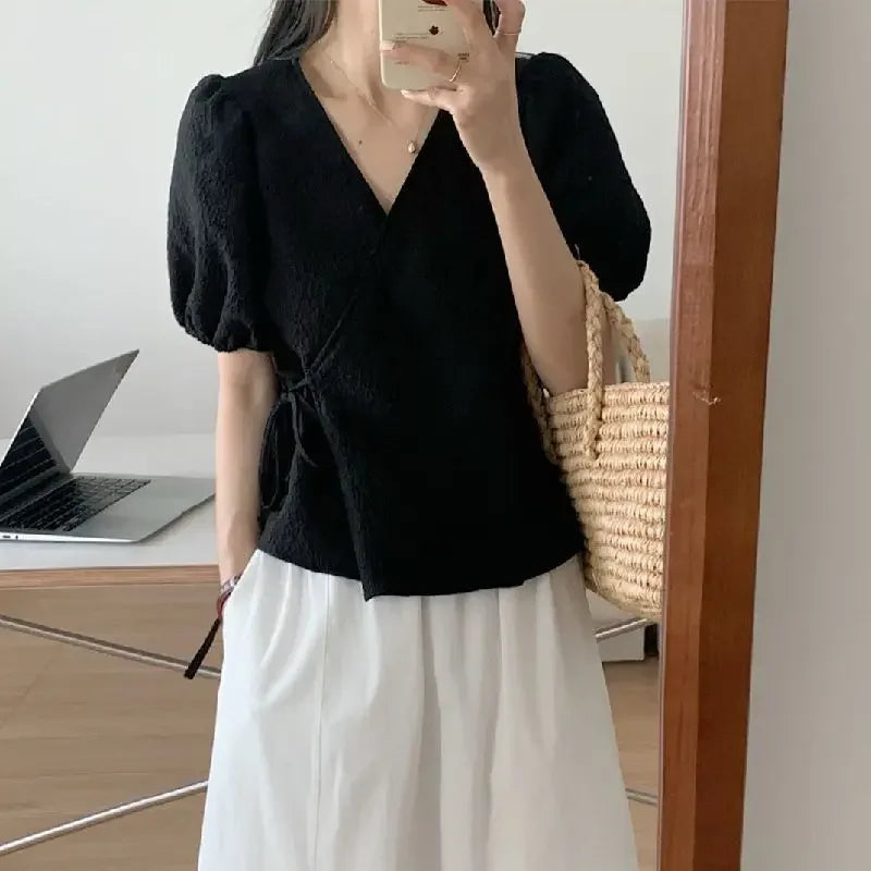 Style Puff Sleeve Leisure Lace-up All-match Vintage Elegant Top - Palm and Thread