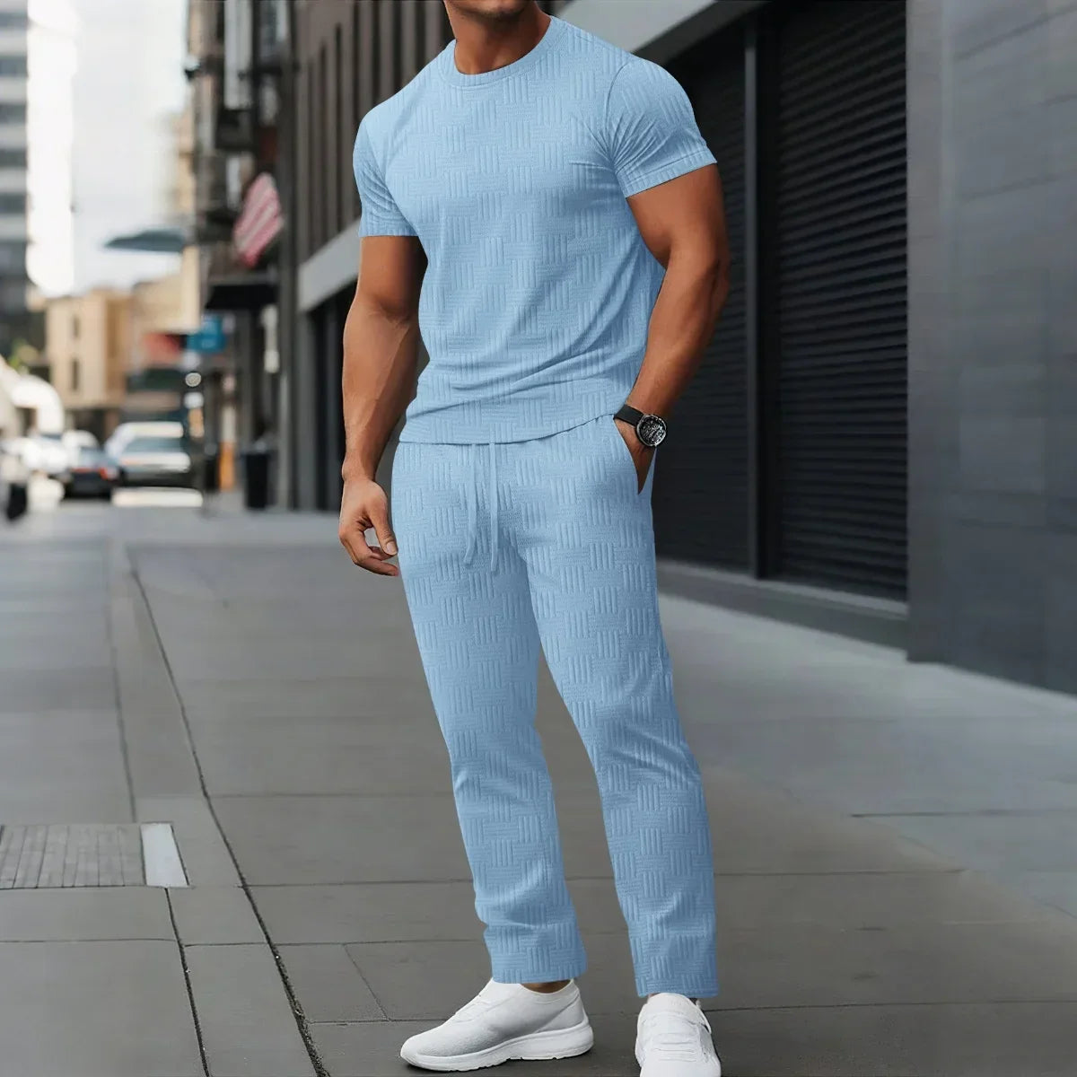Round-Neck T-Shirt+Jacquard Pants Set - Palm and Thread