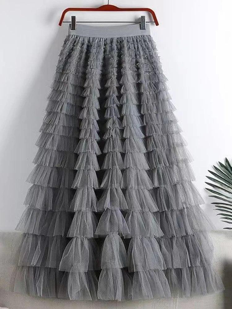 A-line Gauze Spliced Solid Color Loose Skirt - Palm and Thread