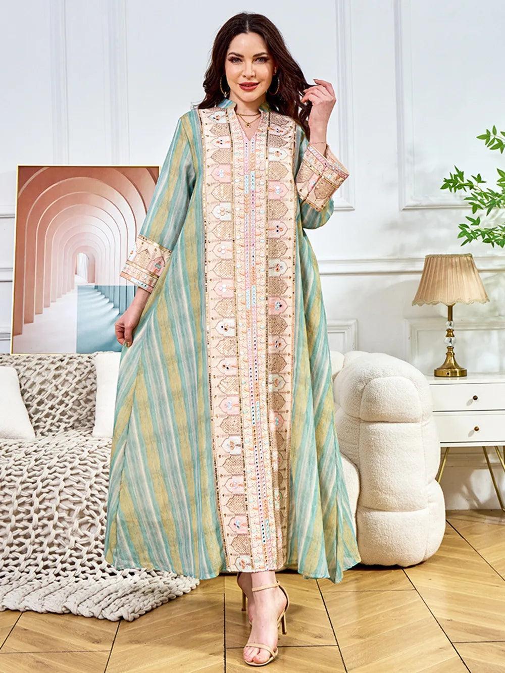 Abaya Sequins Embroidery Moroccan Kaftan Robe - Palm and Thread
