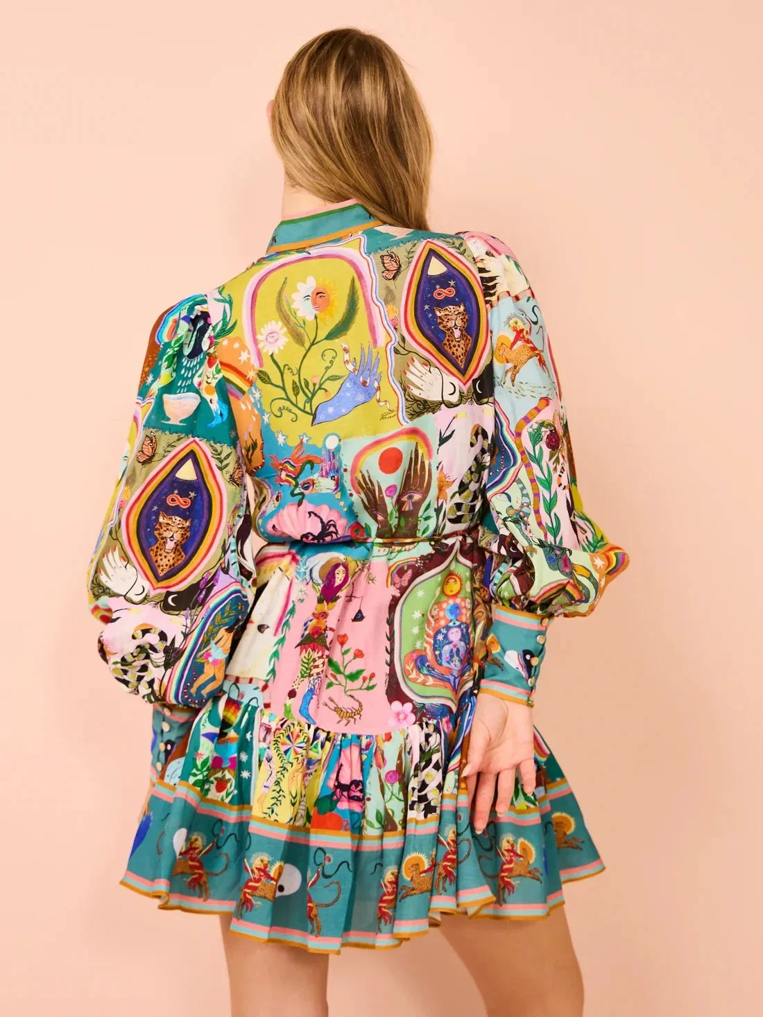 printed round neck cinched waist dress - Palm and Thread