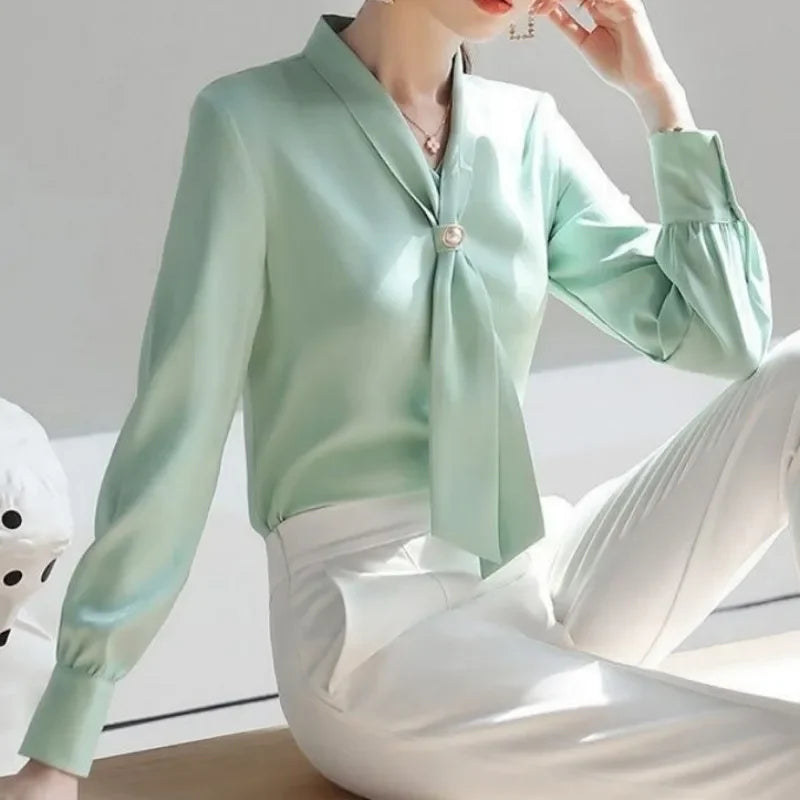 Lady Casual Long Sleeve Bow Tie Collar Blouse - Palm and Thread