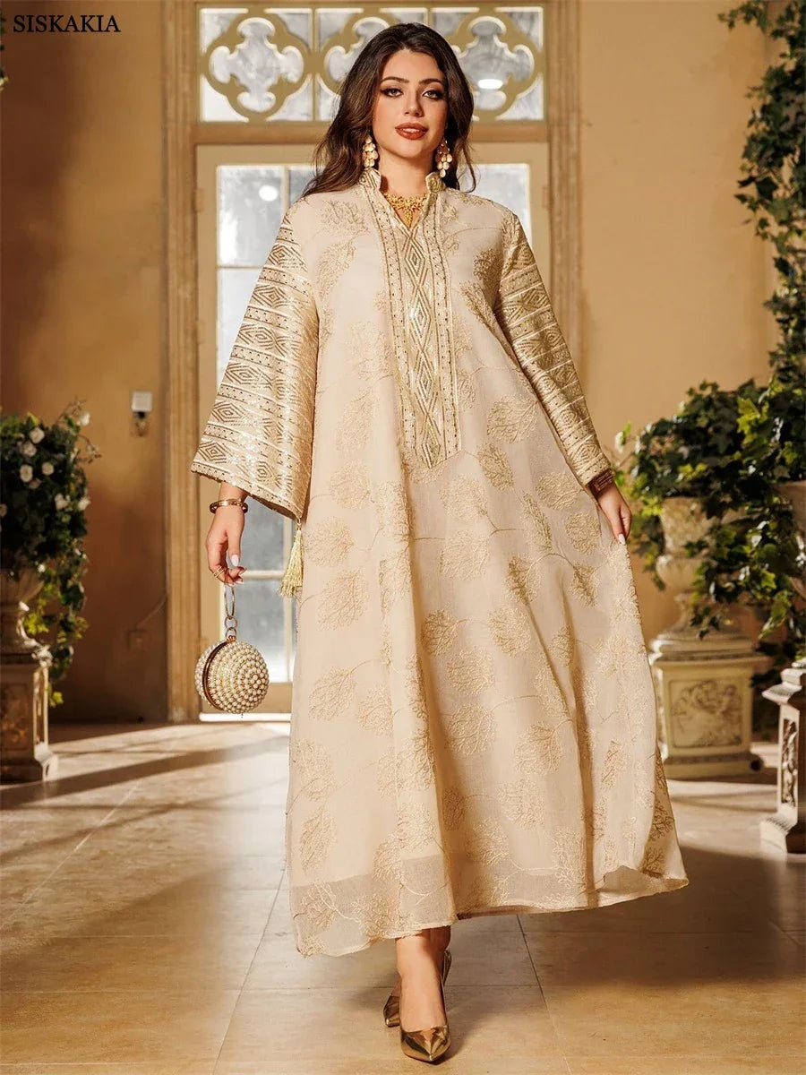 Embroidery Sequins Maxi Dress Casual Loose Abaya - Palm and Thread