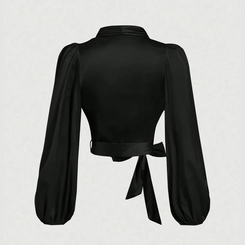 Elegant Plain Lace-Up V-Neck Skinny Fit Blouse - Palm and Thread