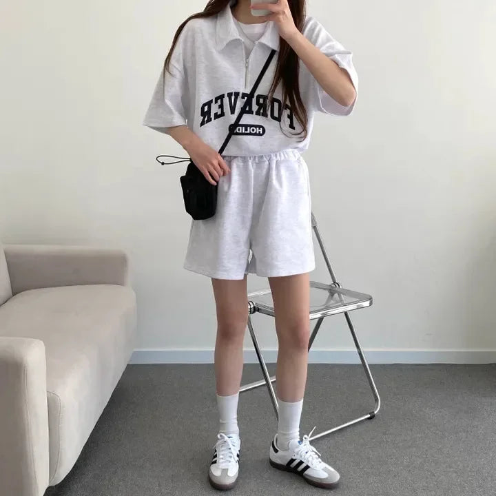 Cotton Ease Zip-Up Polo Shorts Set