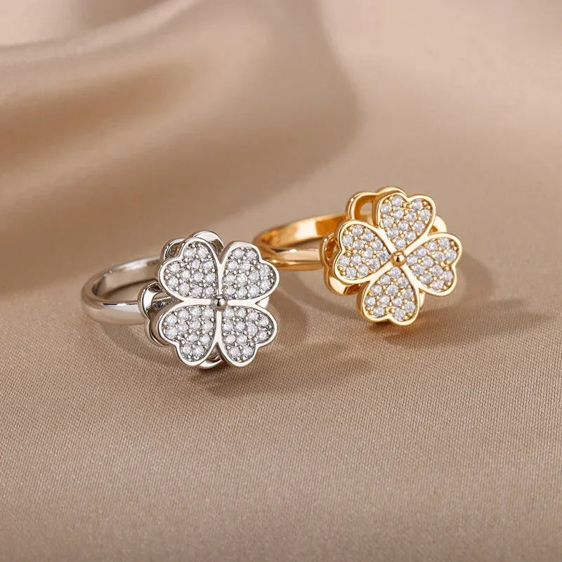 Spinner Zircon Heart Four Leaf Clover Ring - Palm and Thread
