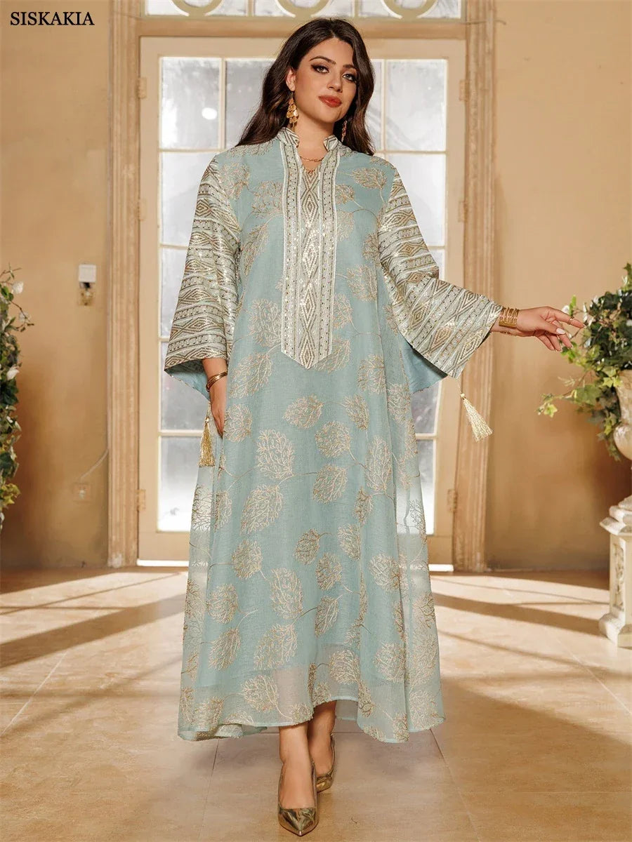 Embroidery Sequins Maxi Dress Casual Loose Abaya - Palm and Thread