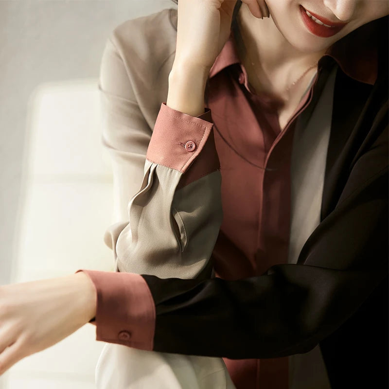 Satin Button New Vintage Long Sleeve Polo Collar Blouse