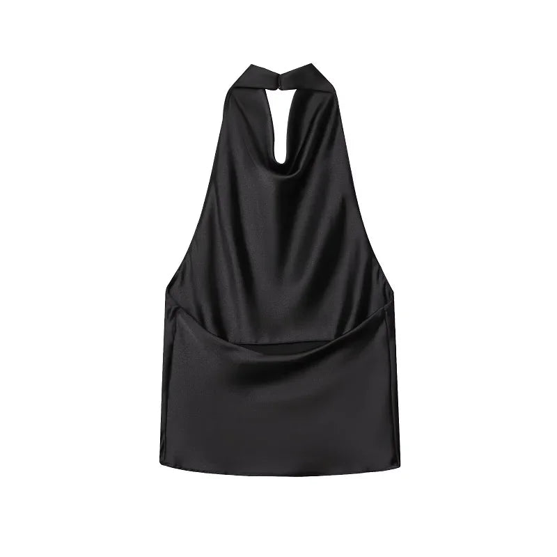 Halter Black Satin Backless Top - Palm and Thread