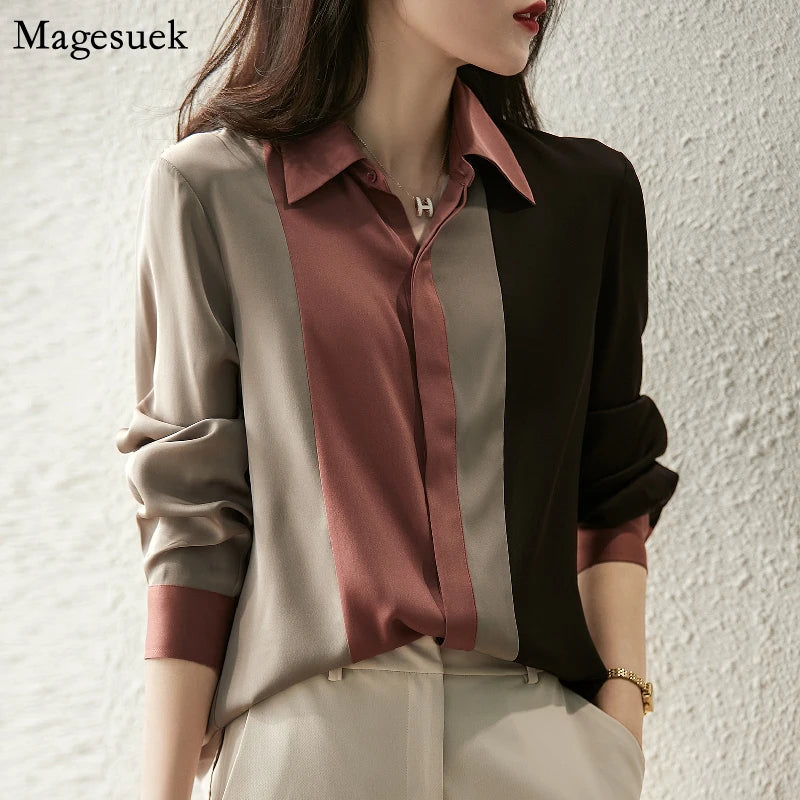Satin Button New Vintage Long Sleeve Polo Collar Blouse