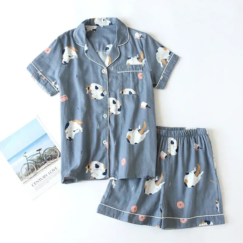 Cotton short-sleeved shorts pajamas set - Palm and Thread