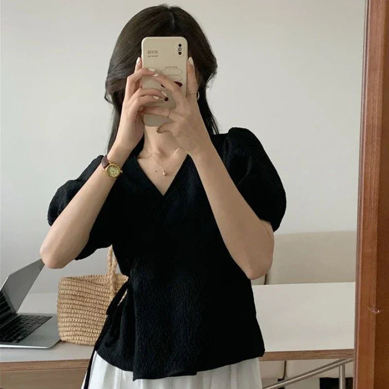 Style Puff Sleeve Leisure Lace-up All-match Vintage Elegant Top - Palm and Thread