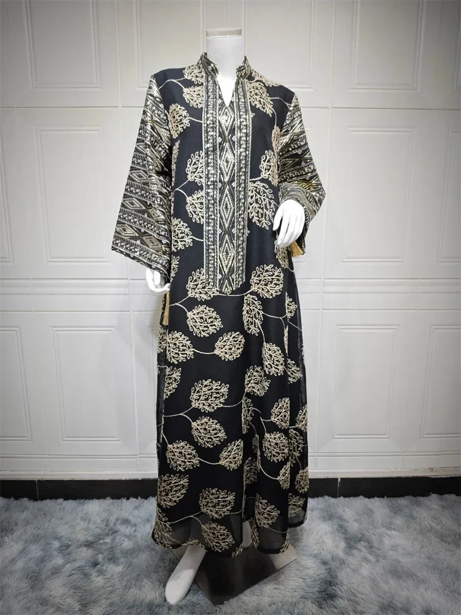 Embroidery Sequins Maxi Dress Casual Loose Abaya - Palm and Thread