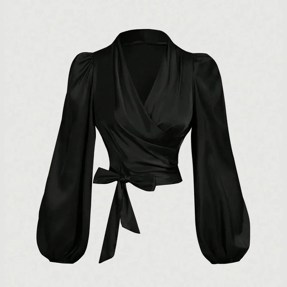 Elegant Plain Lace-Up V-Neck Skinny Fit Blouse - Palm and Thread