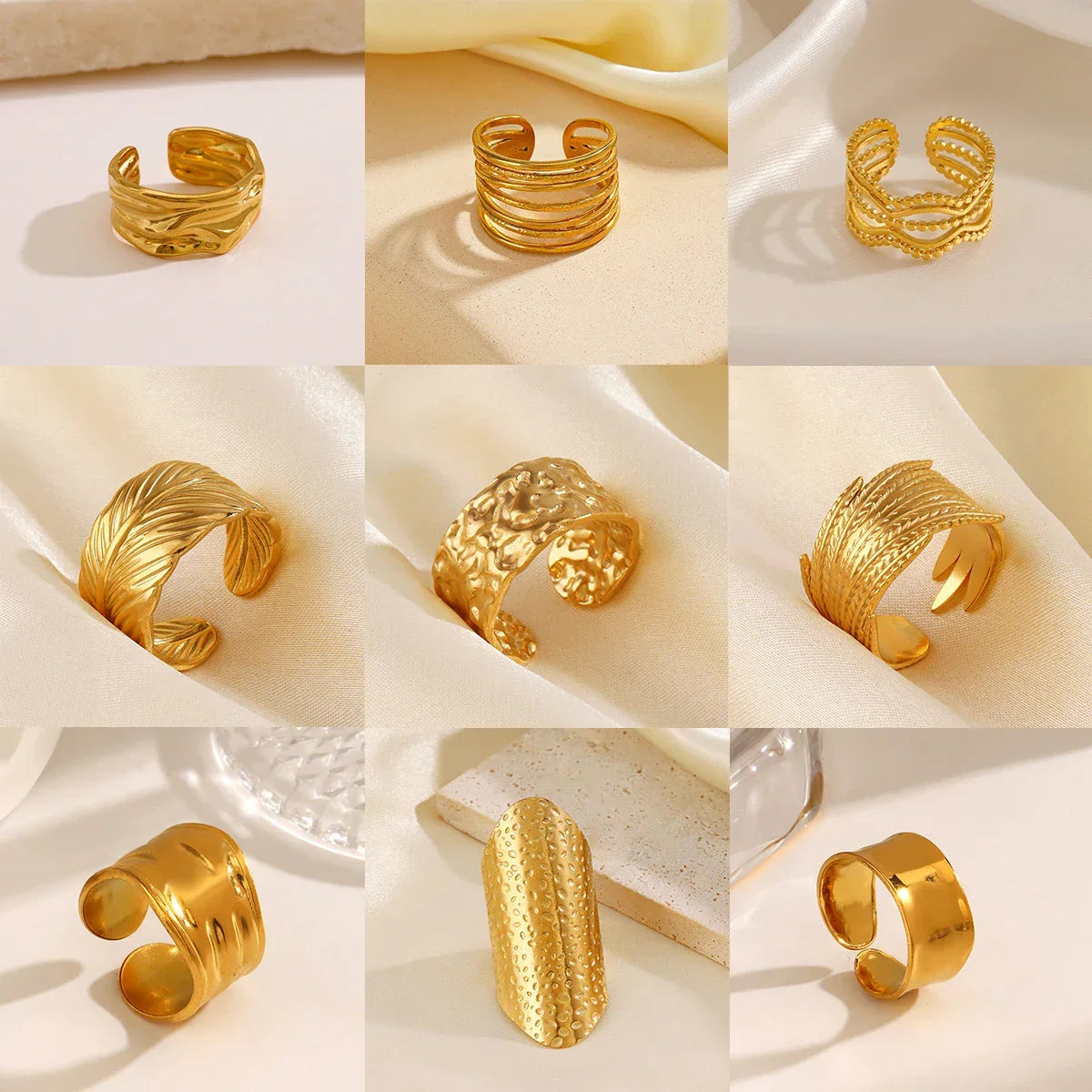Multiple Styles Stainless Steel Geometric Texture Wide Ring - Palm and Thread