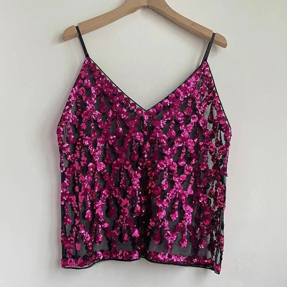 Sequin Bead Sling Slim Fit Straight Tank Top - Palm and Thread