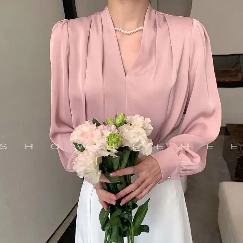Long Sleeve V Neck Solid Chiffon Top - Palm and Thread