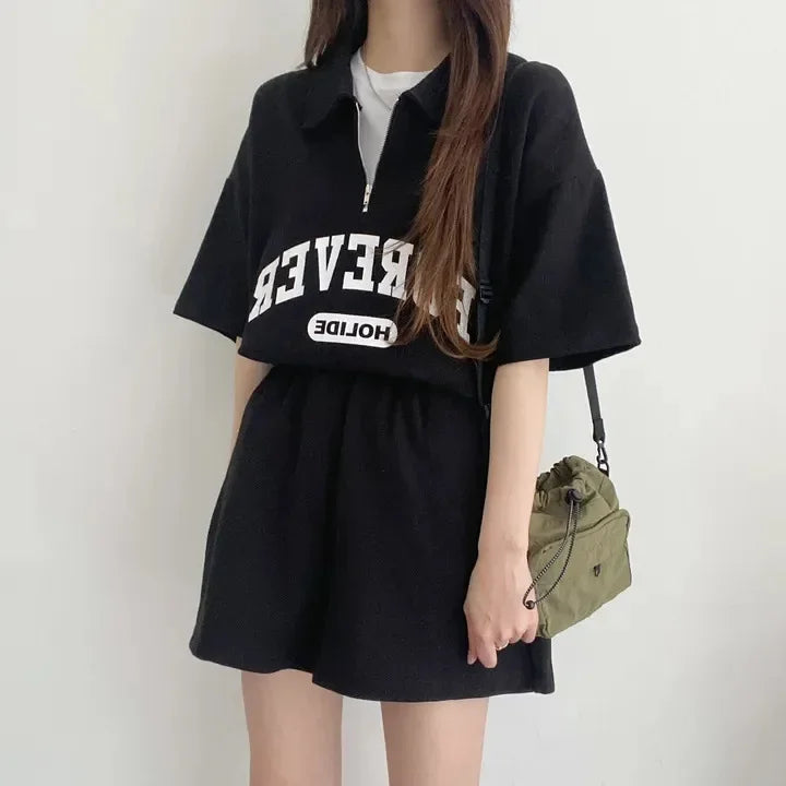 Cotton Ease Zip-Up Polo Shorts Set
