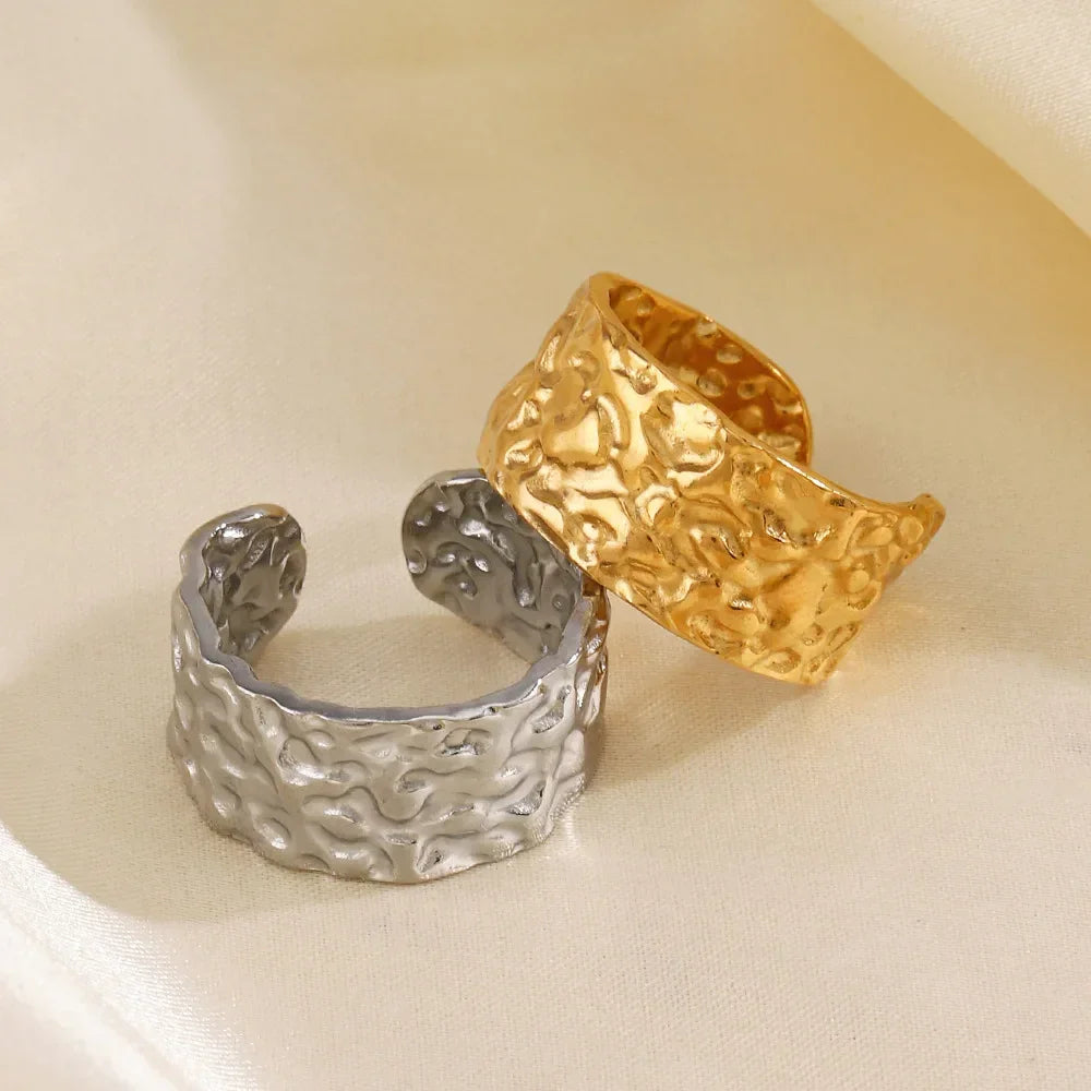 Multiple Styles Stainless Steel Geometric Texture Wide Ring - Palm and Thread