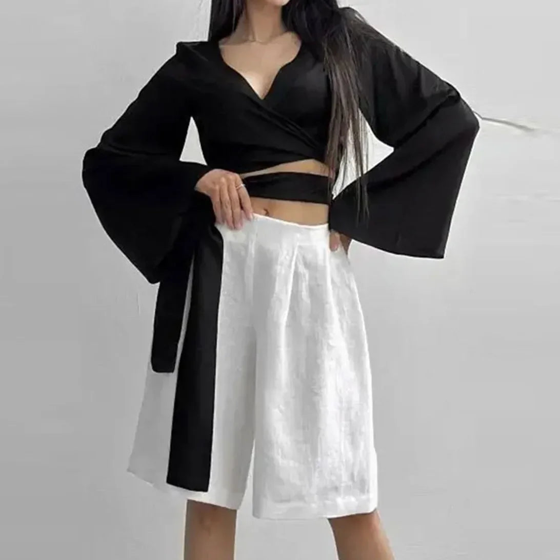 White Satin V-Neck Long Sleeve Shirt - Palm and Thread