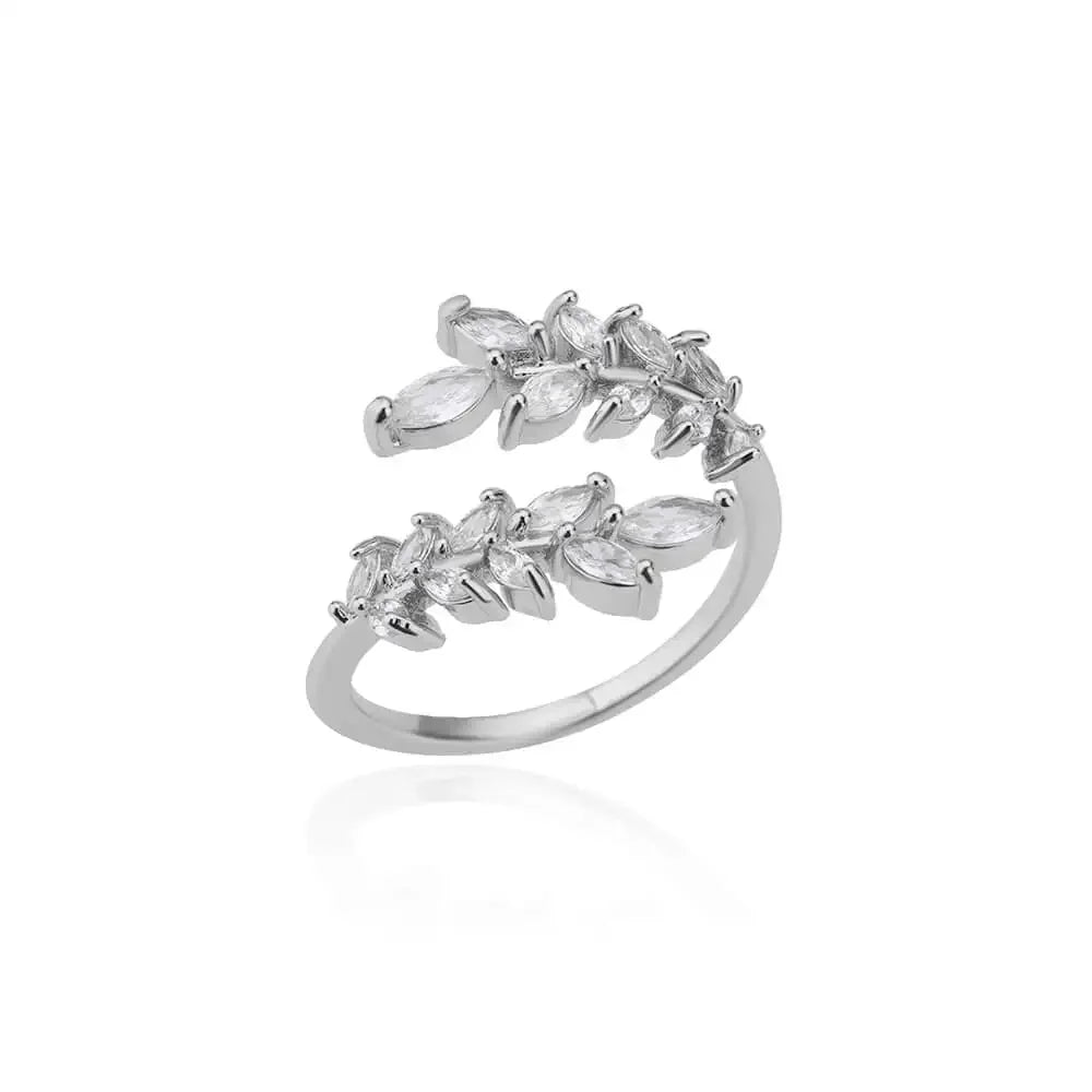 White Zircon Flower Leaf Shape Stainless Steel Ring - Palm and Thread