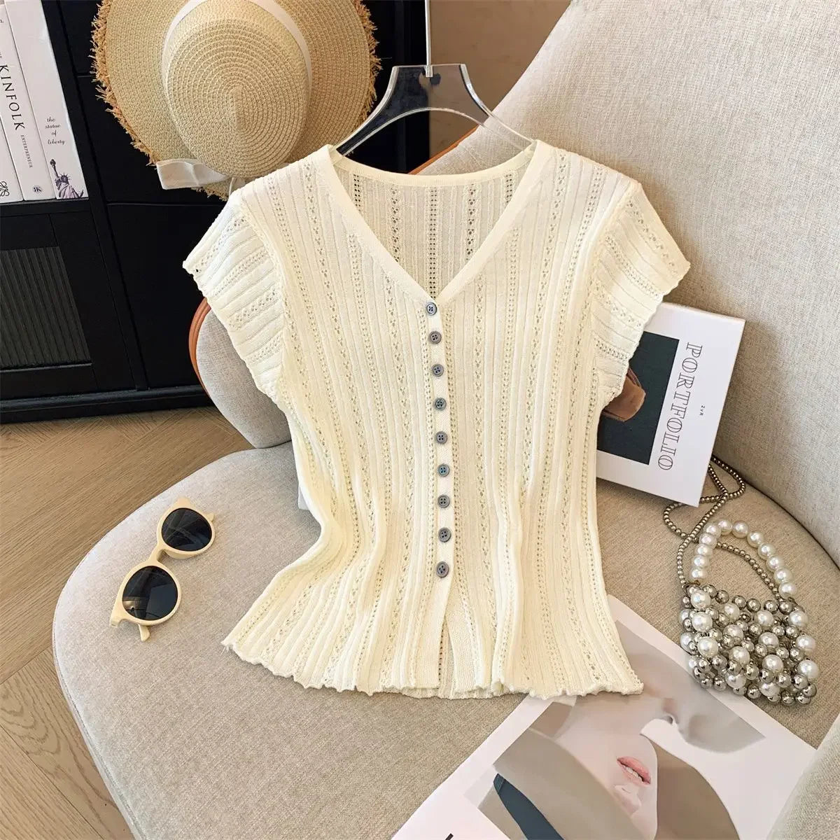 V-neck Cut-out Knitted Cardigan - Palm and Thread