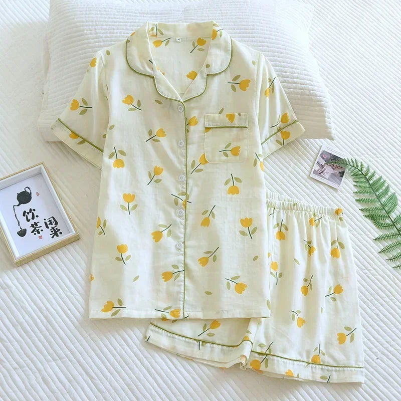 Cotton short-sleeved shorts pajamas set - Palm and Thread