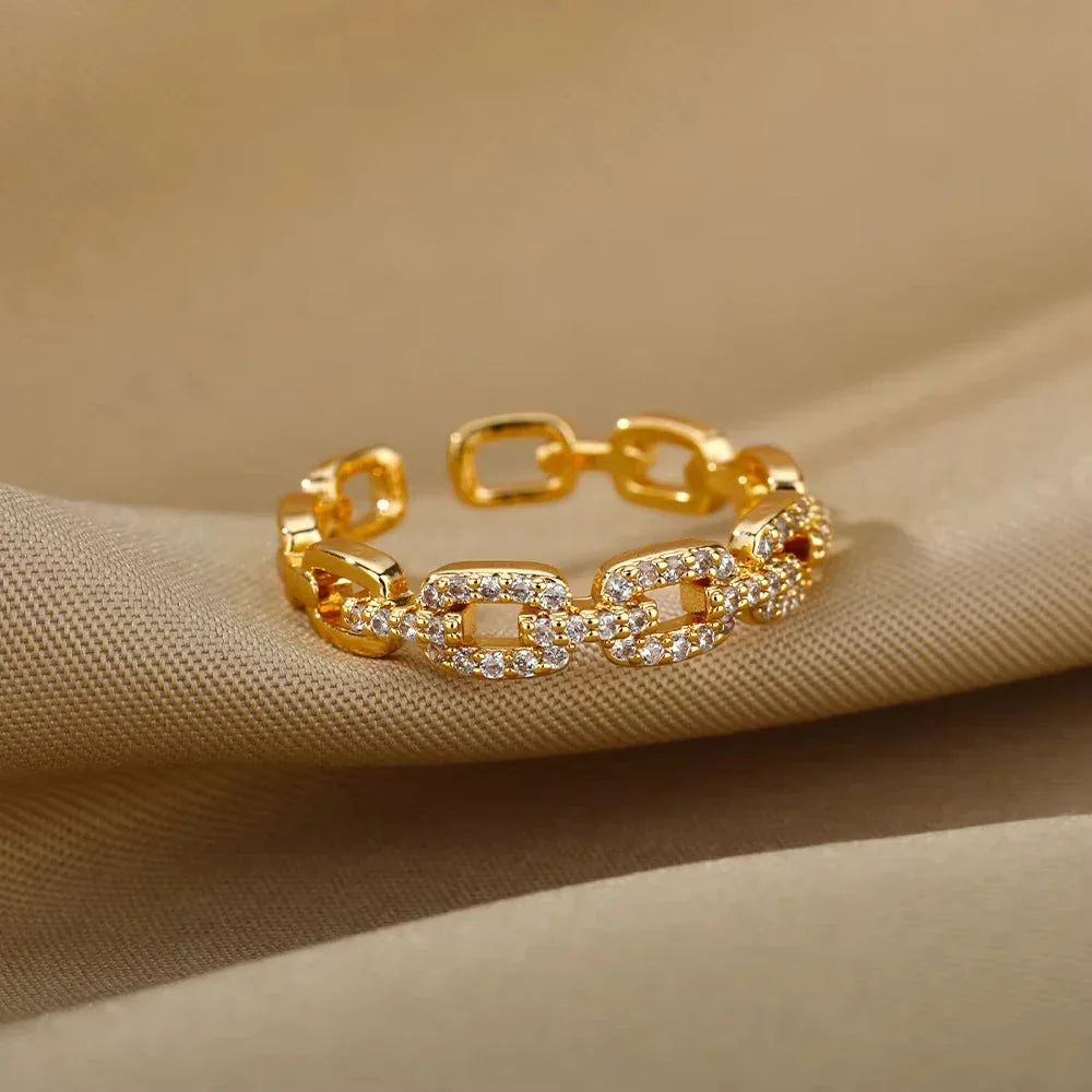 Zircon Heart Stainless Steel Gold Color Geometric Open Finger Ring - Palm and Thread