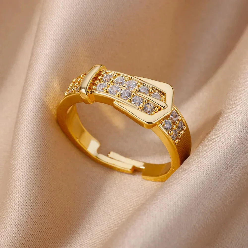 Zircon Cristal Geometric Stainless Steel Gold Color Adjustable Finger Ring - Palm and Thread