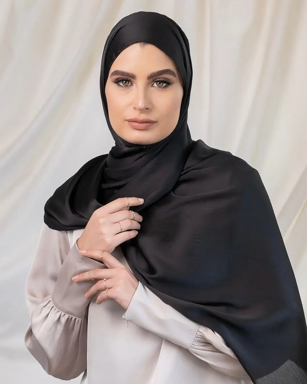 Long Trendy Silk Crepe Satin Crinkle Hijab Headscarf - Palm and Thread