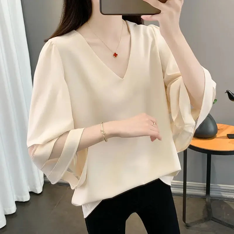 Mesh Patchwork Sleeve Blouse - Palm and Thread