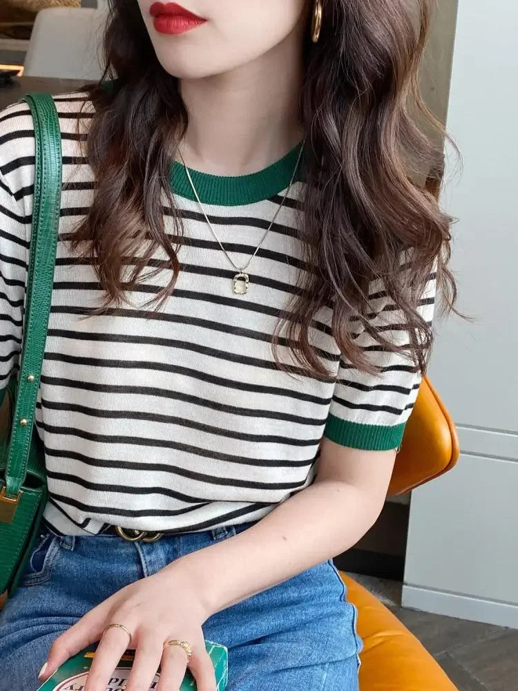 Knitted Round Collar Print T-Shirt - Palm and Thread