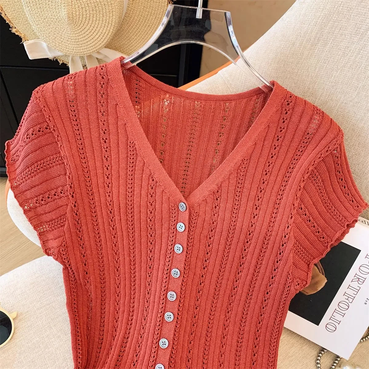 V-neck Cut-out Knitted Cardigan - Palm and Thread