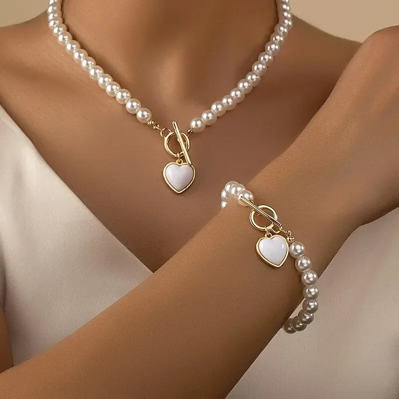 2 Pcs Pearl Necklace Bracelet Jewelry Set - Palm and Thread