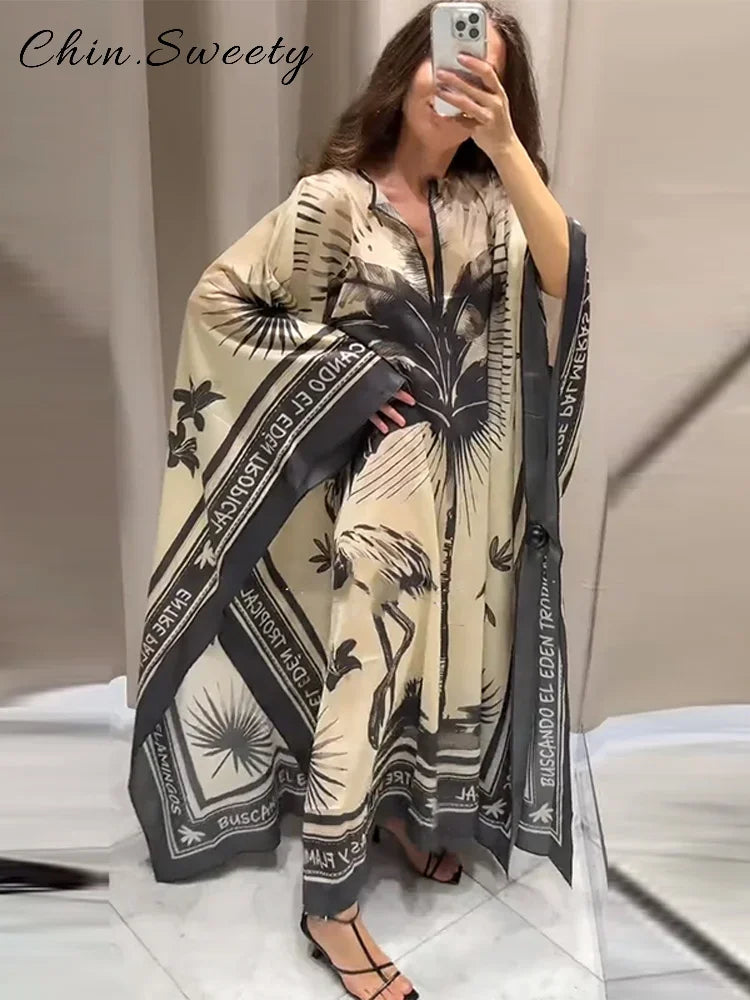 Elegant Printed Long Pleated Dress - Palm and Thread