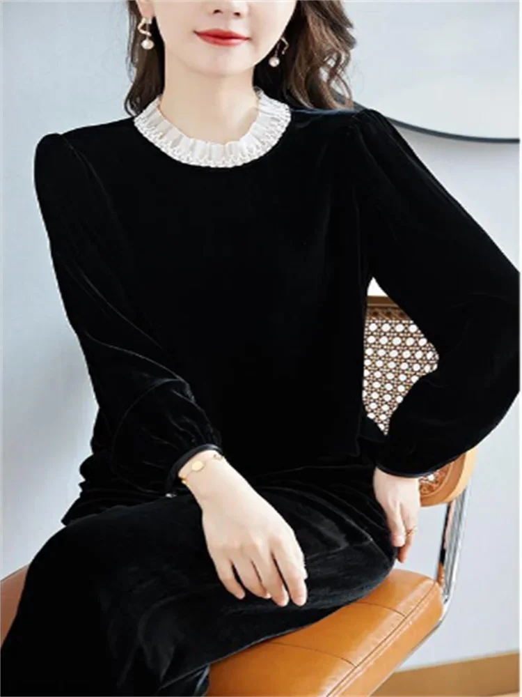 Gold Velvet Top Fold Flounce Pullover - Palm and Thread