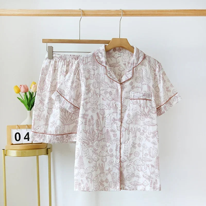 Cotton short-sleeved shorts pajamas set - Palm and Thread
