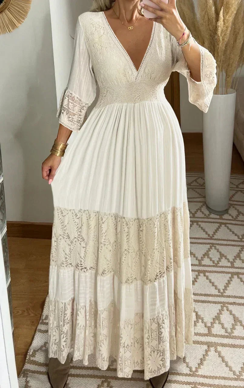 Floral Print Lace V-Neck Long Sleeve Dress - Palm and Thread
