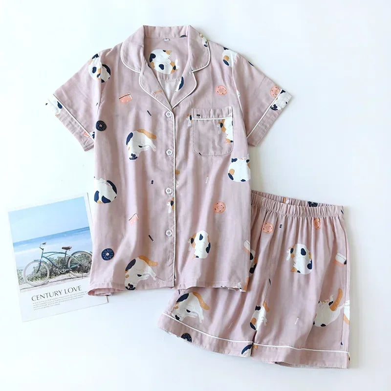 Cotton short-sleeved shorts pajamas set - Palm and Thread