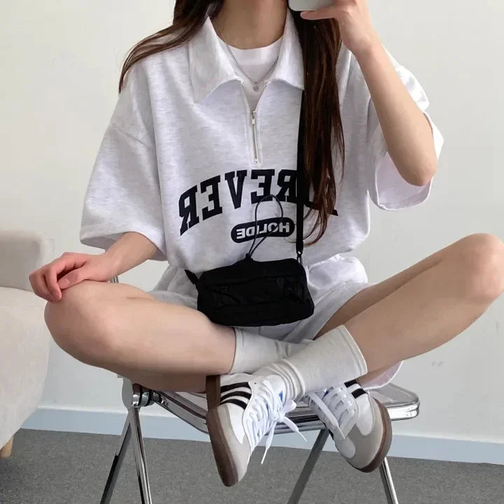 Cotton Ease Zip-Up Polo Shorts Set