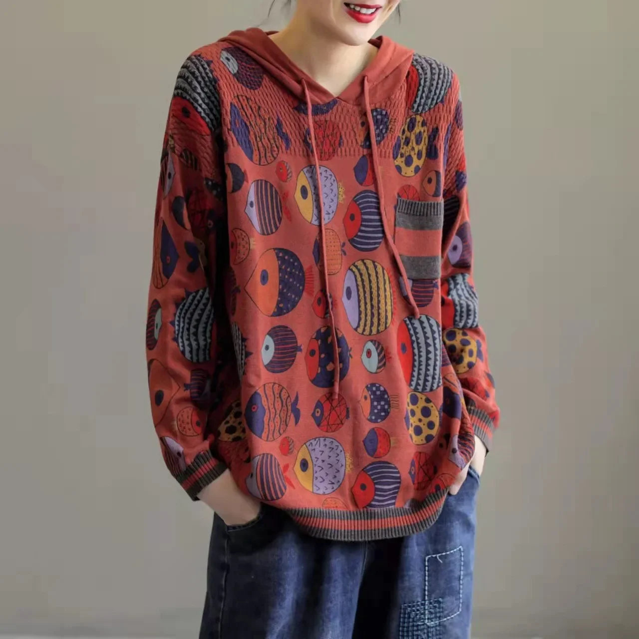 Fish Printing Vintage Sweater Hoodie - Palm and Thread