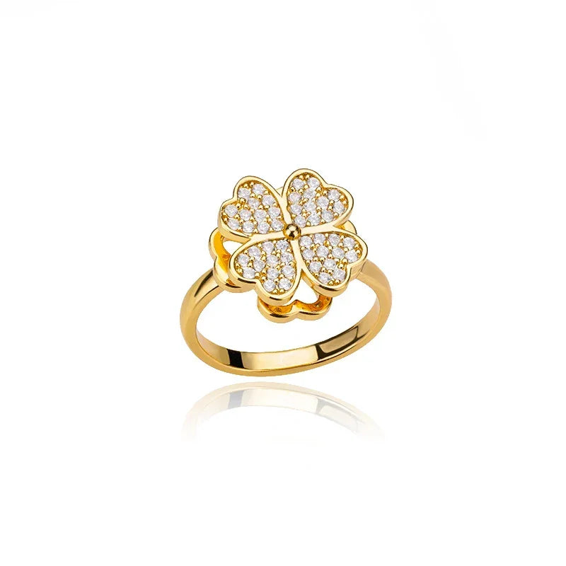Spinner Zircon Heart Four Leaf Clover Ring - Palm and Thread