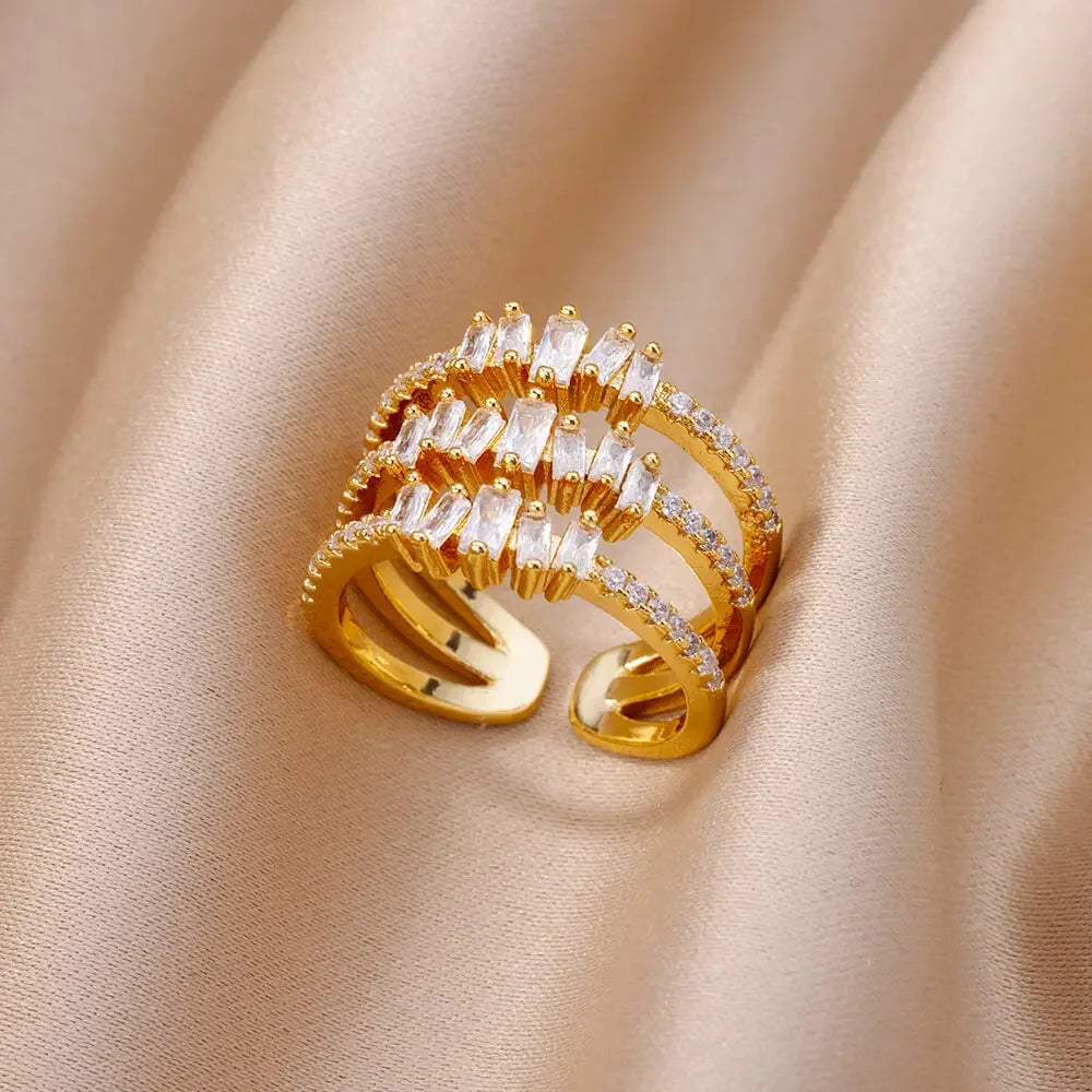 White Zircon Flower Leaf Shape Stainless Steel Ring - Palm and Thread