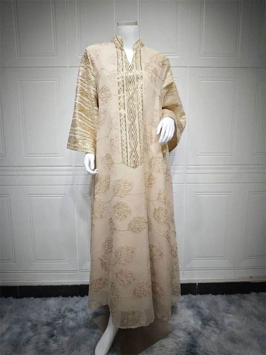 Embroidery Sequins Maxi Dress Casual Loose Abaya - Palm and Thread