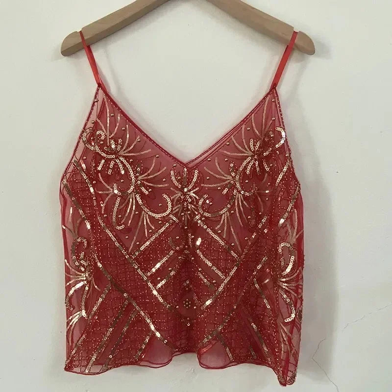 Sequin Bead Sling Slim Fit Straight Tank Top - Palm and Thread