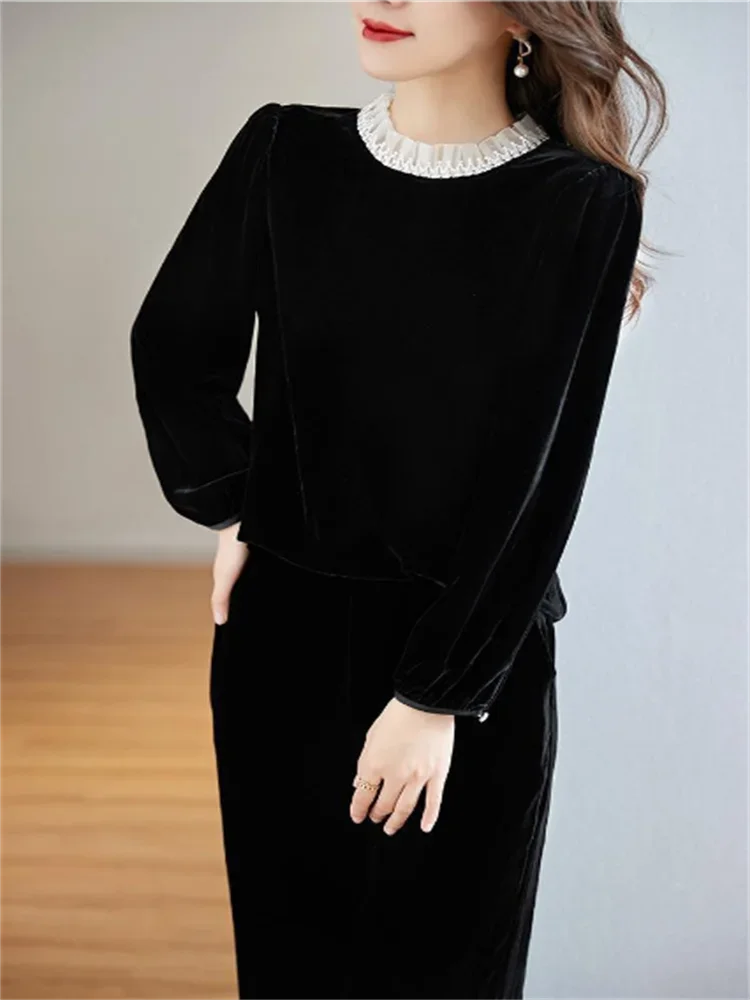 Gold Velvet Top Fold Flounce Pullover - Palm and Thread