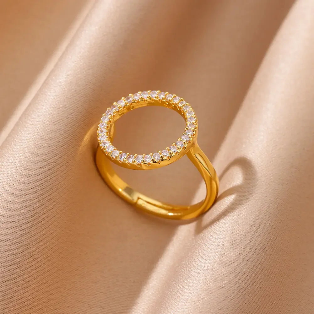 Zircon Cristal Geometric Stainless Steel Gold Color Adjustable Finger Ring - Palm and Thread