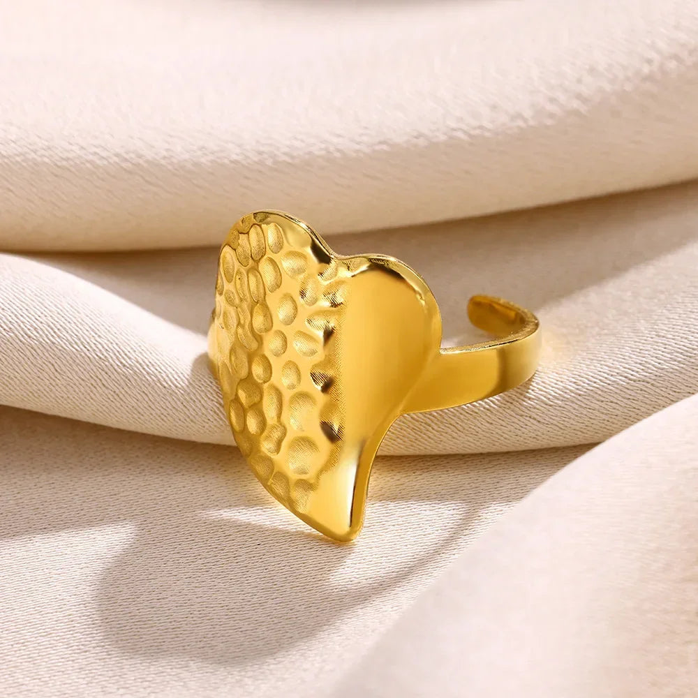 Stainless Steel Heart Wide Ring Adjustable - Palm and Thread