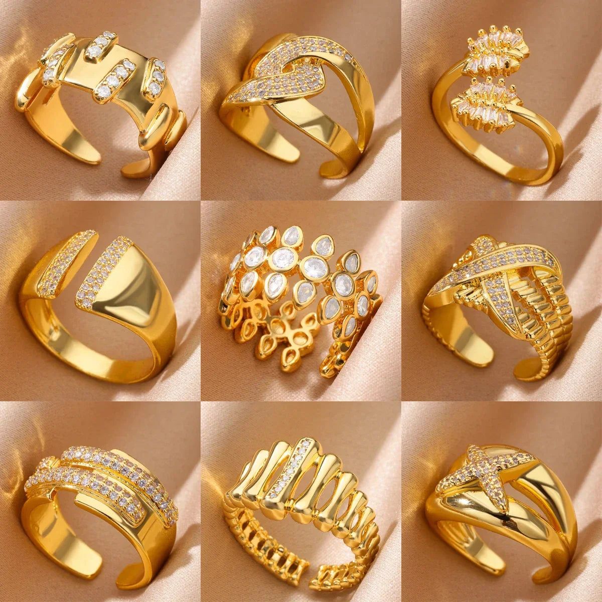 Zircon Cristal Geometric Stainless Steel Gold Color Adjustable Finger Ring - Palm and Thread